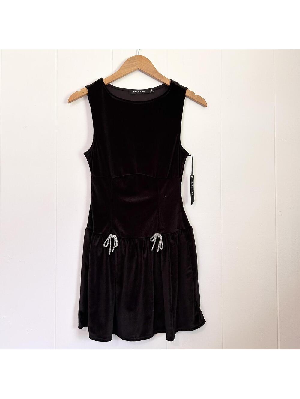 Mary & Mo Shimmery Bows Emo Goth Black Velvet Sleeveless Mini Dress Womens Small